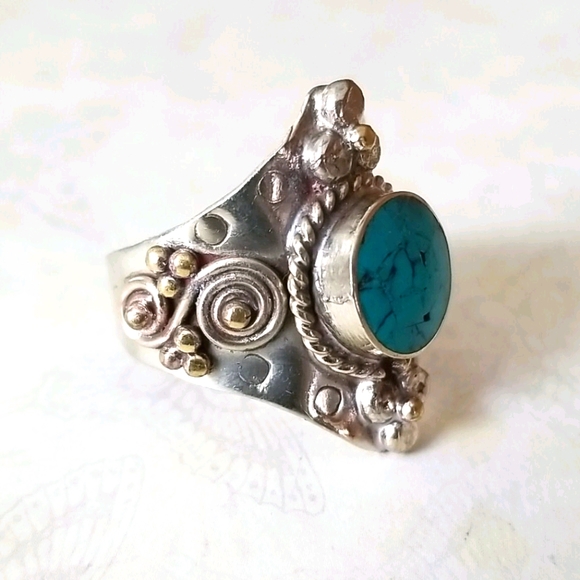 Southwestern Boho Tribal Turquoise Hand Crafted Adjustable Band Ring - Picture 4 of 16
